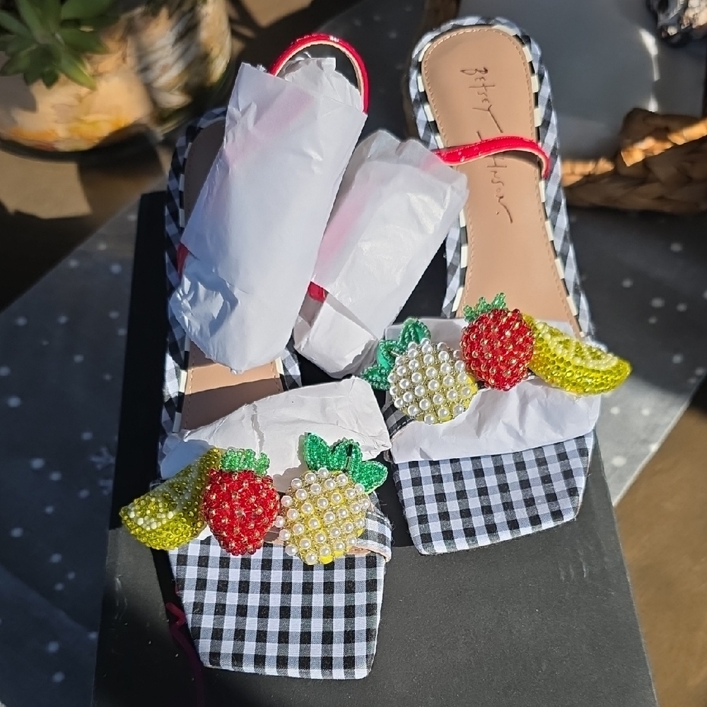 Betsey Johnson Gingham Square Toed, Beaded Fruit With Red Patten Slingback Pumps